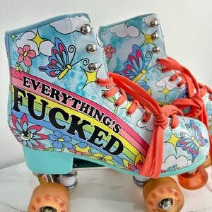 Current Mood Everything’s Fucked Rainbow Pastel Floral Blue Roller Skates size 9